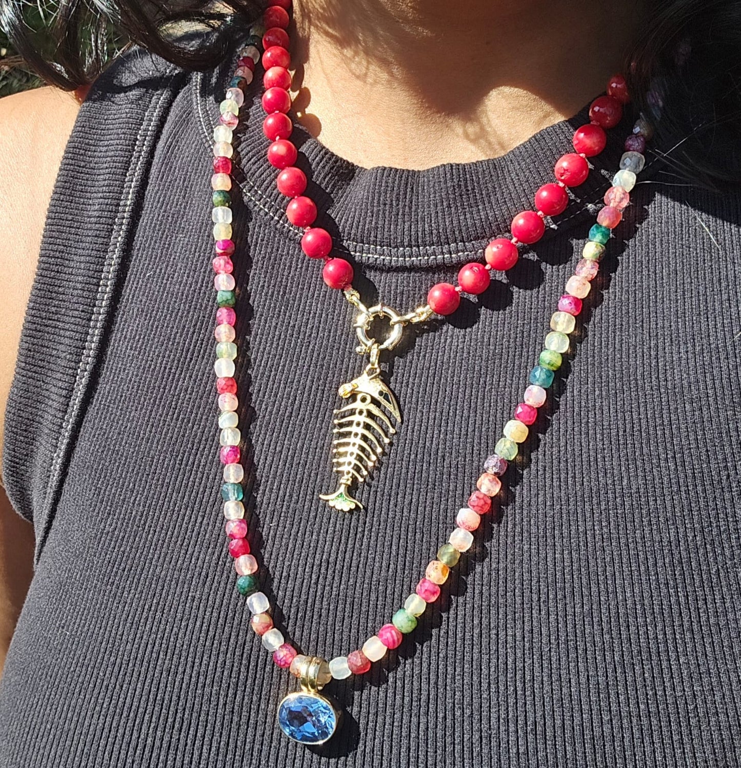Faceted Dragon Agate Beads Necklace with 9k Gold Clasp