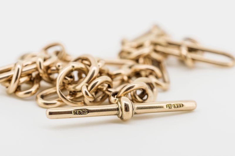 Antique Victorian Trombone Link Albert Fob Chain in 15 Carat Solid Rose Gold