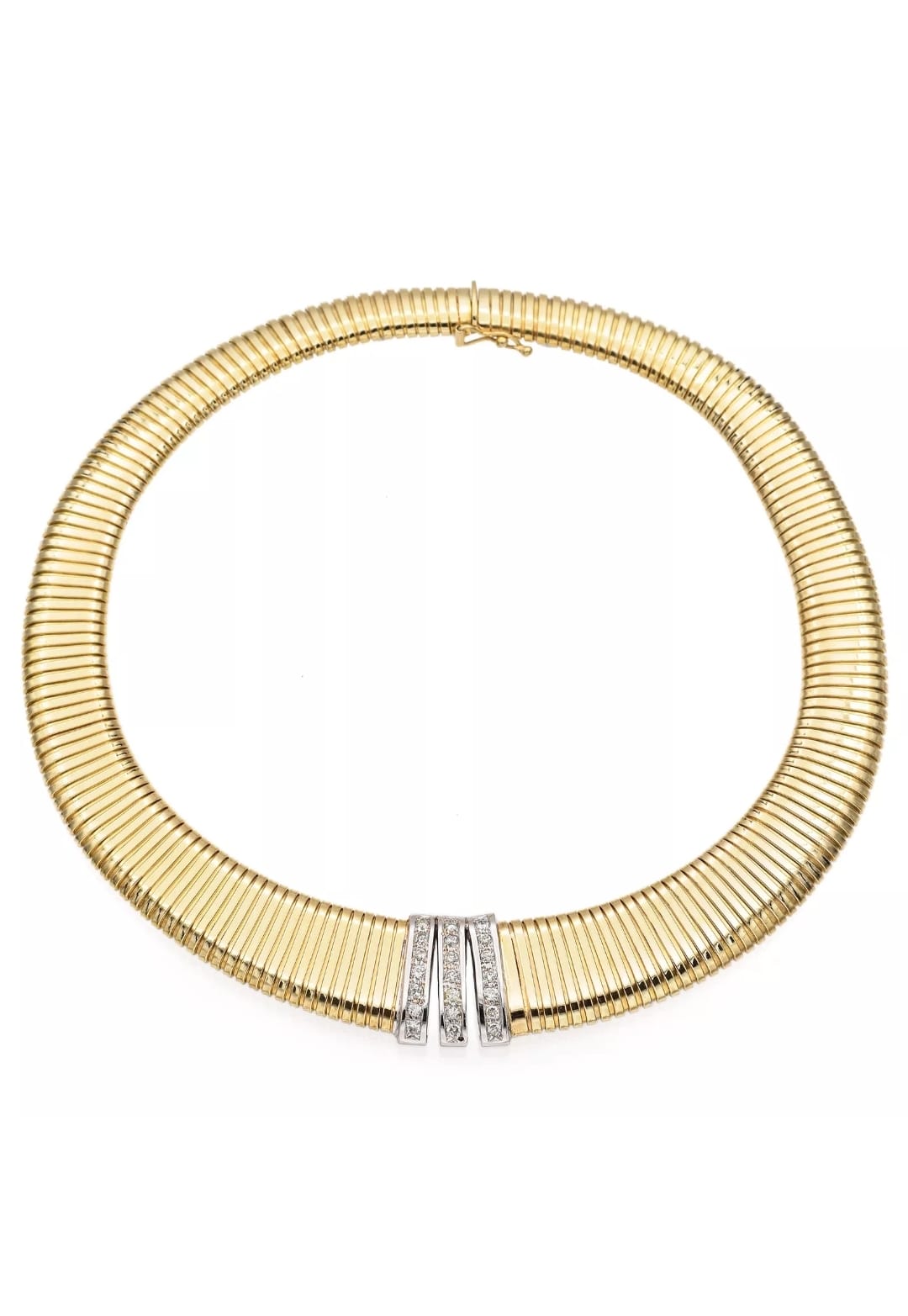 Vintage Italian Tubogas Necklace in 14 Carat Solid Gold featuring Diamonds