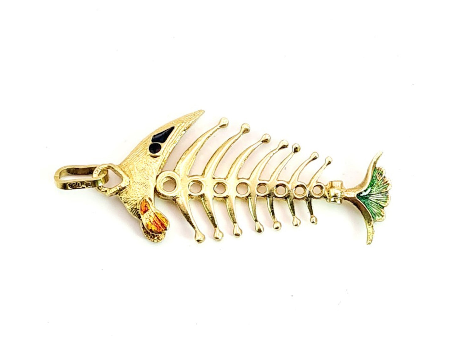 Articulated Fishbone Pendant with Enamel Details in 18k Gold