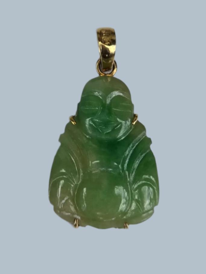 Carved Jade Laughing Buddha Pendant in 14 Carat Solid Gold