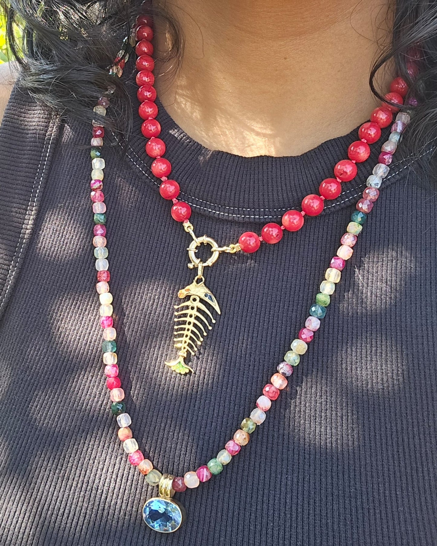 Faceted Dragon Agate Beads Necklace with 9k Gold Clasp