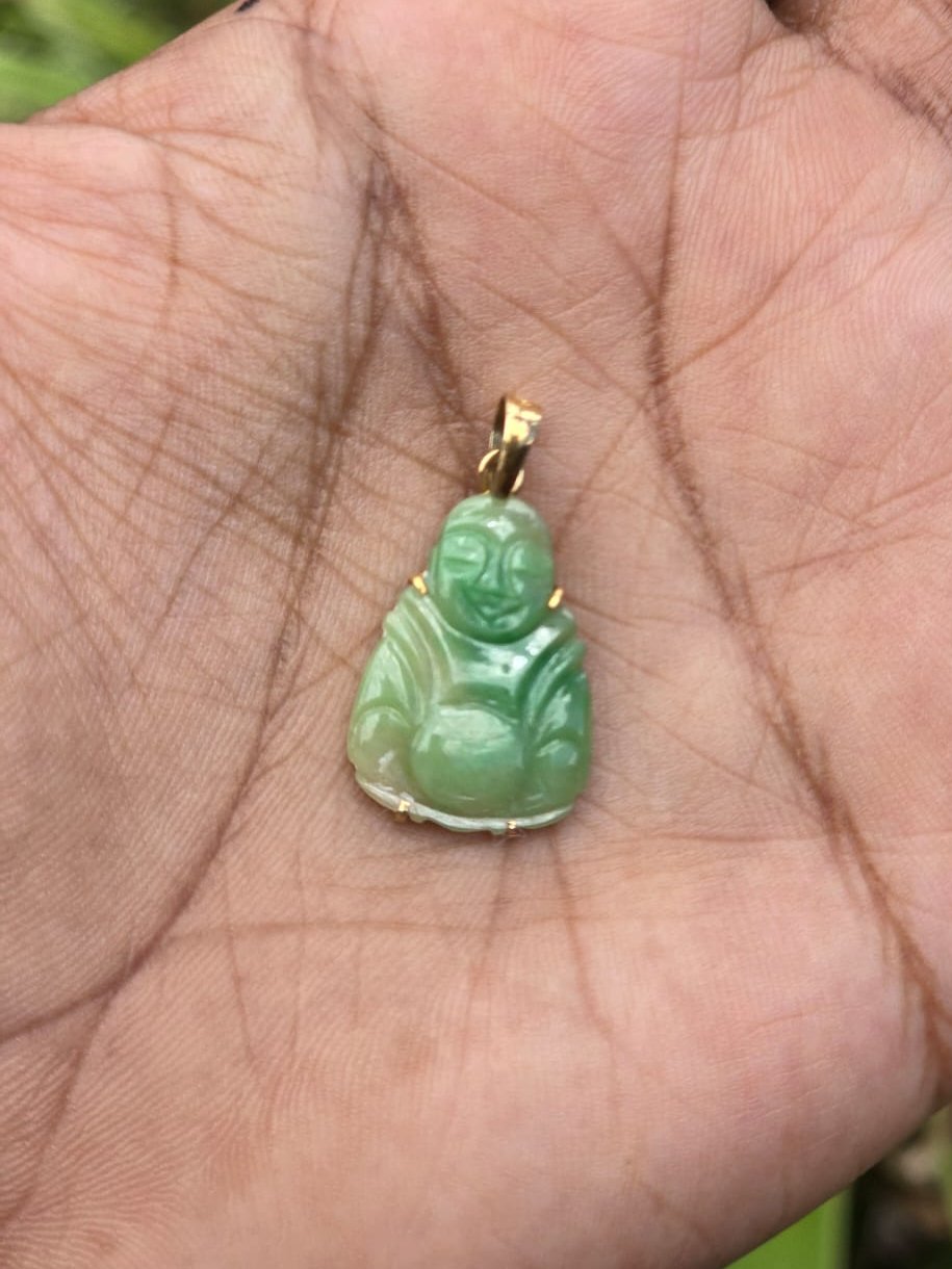 Carved Jade Laughing Buddha Pendant in 14 Carat Solid Gold