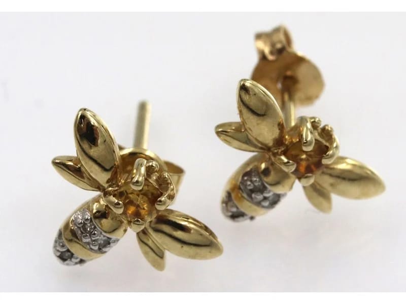 Citrine and Diamond Bee Stud Earrings in 9 Carat Solid Gold