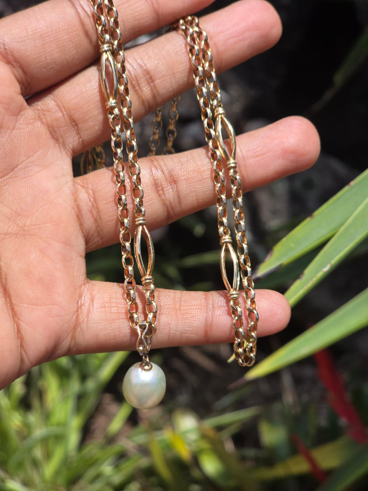 Vintage Fancy Belcher Link Necklace with Cultured Pearl Enhancer Pendant in 9 Carat Solid Gold