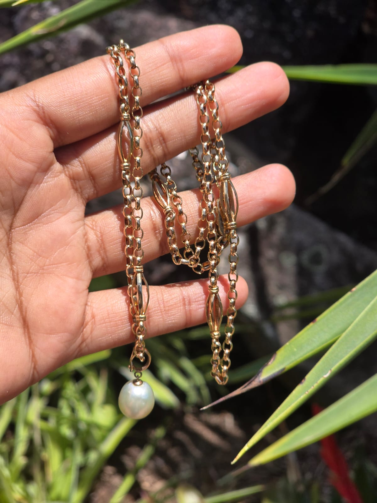 Vintage Fancy Belcher Link Necklace with Cultured Pearl Enhancer Pendant in 9 Carat Solid Gold