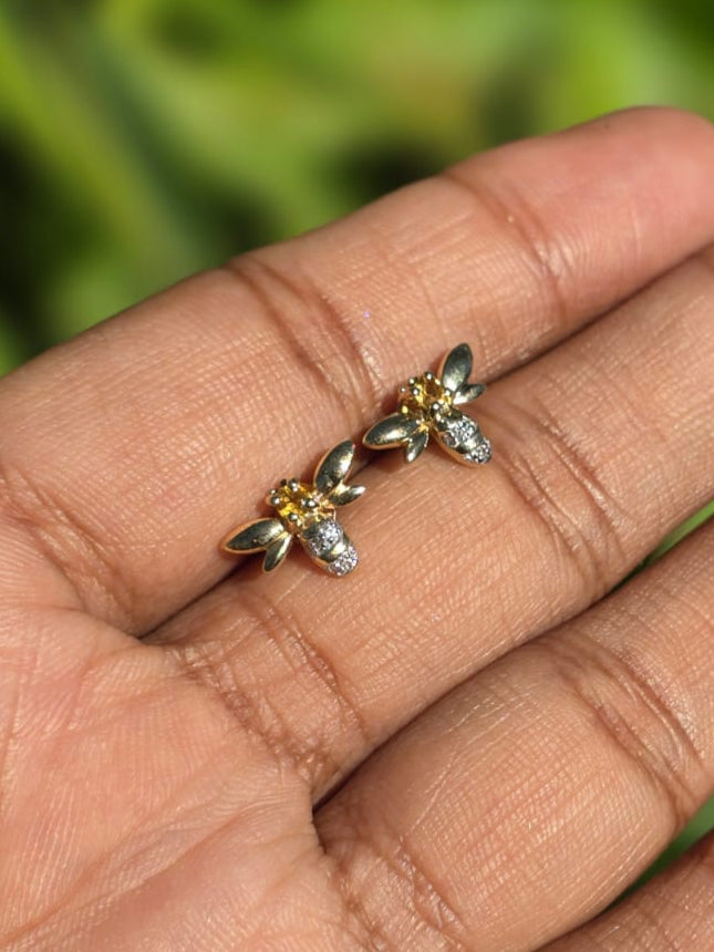 Citrine and Diamond Bee Stud Earrings in 9 Carat Solid Gold