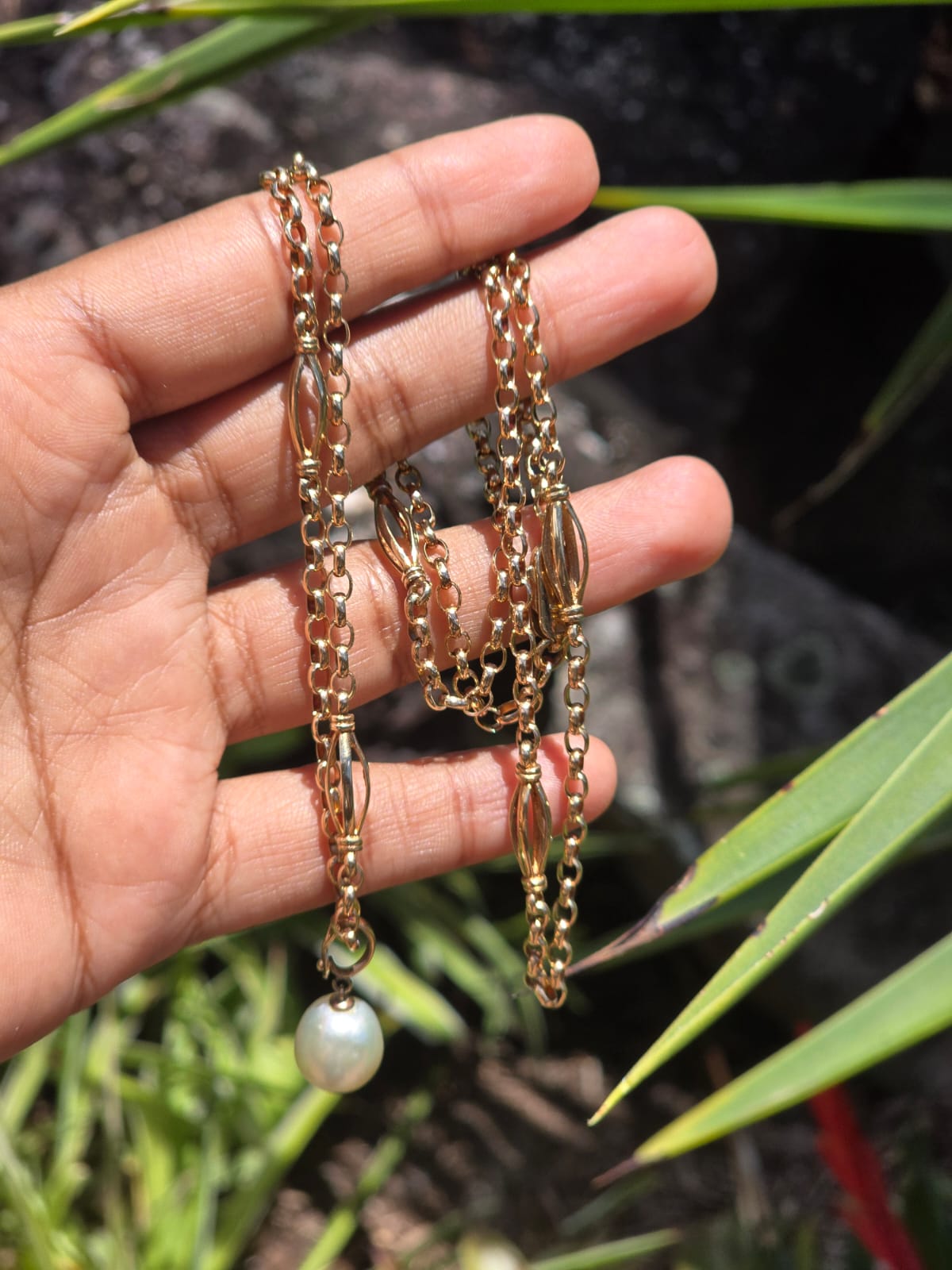 Vintage Fancy Belcher Link Necklace with Cultured Pearl Enhancer Pendant in 9 Carat Solid Gold