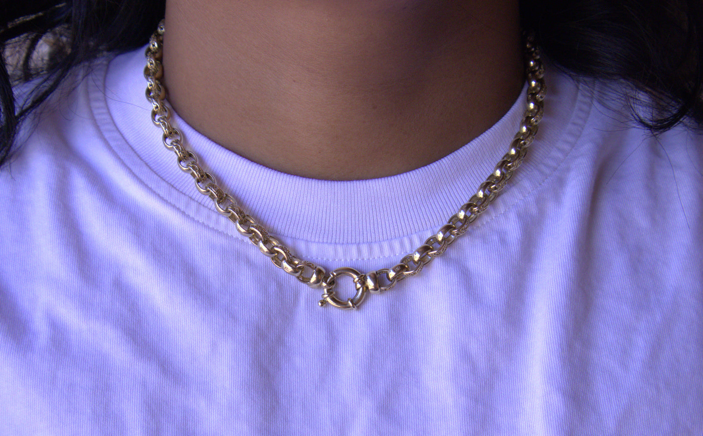 Belcher Necklace in 9 Carat Solid Gold with Filigree Detailed Links