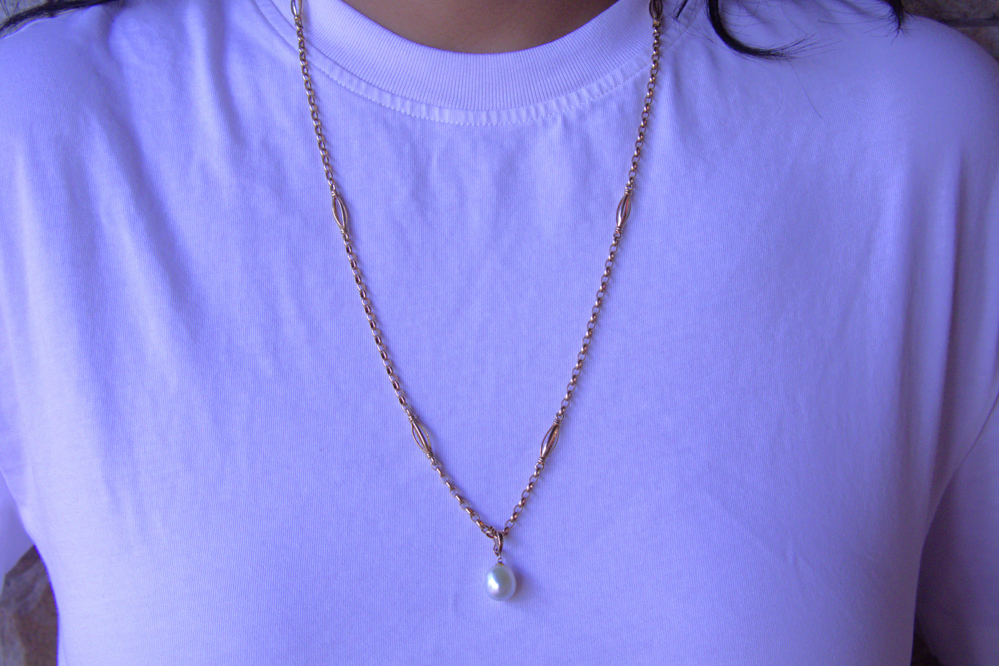 Vintage Fancy Belcher Link Necklace with Cultured Pearl Enhancer Pendant in 9 Carat Solid Gold