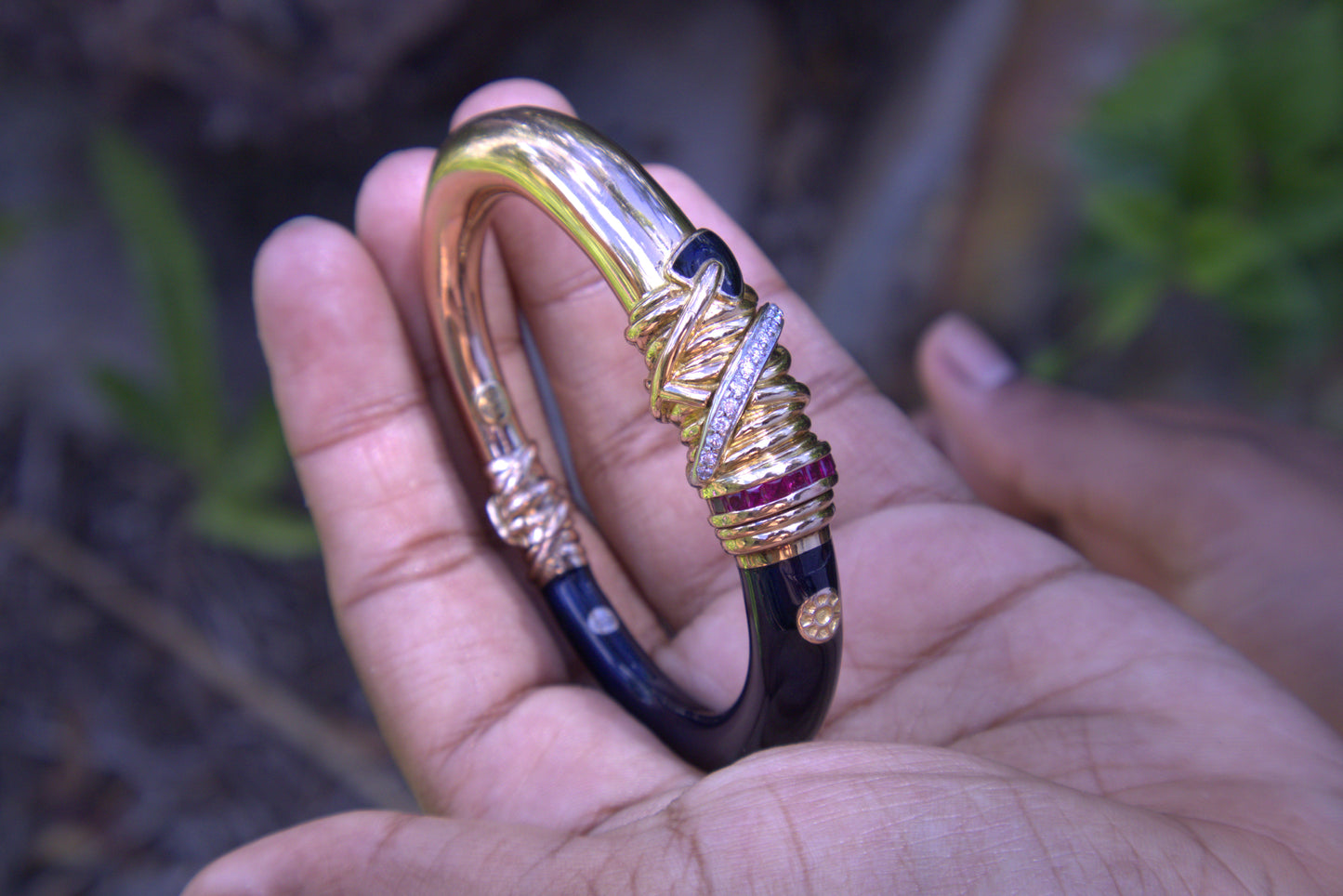 La Nouvelle Bauge Bangle with Rubies, Diamonds, and Blue Enamel