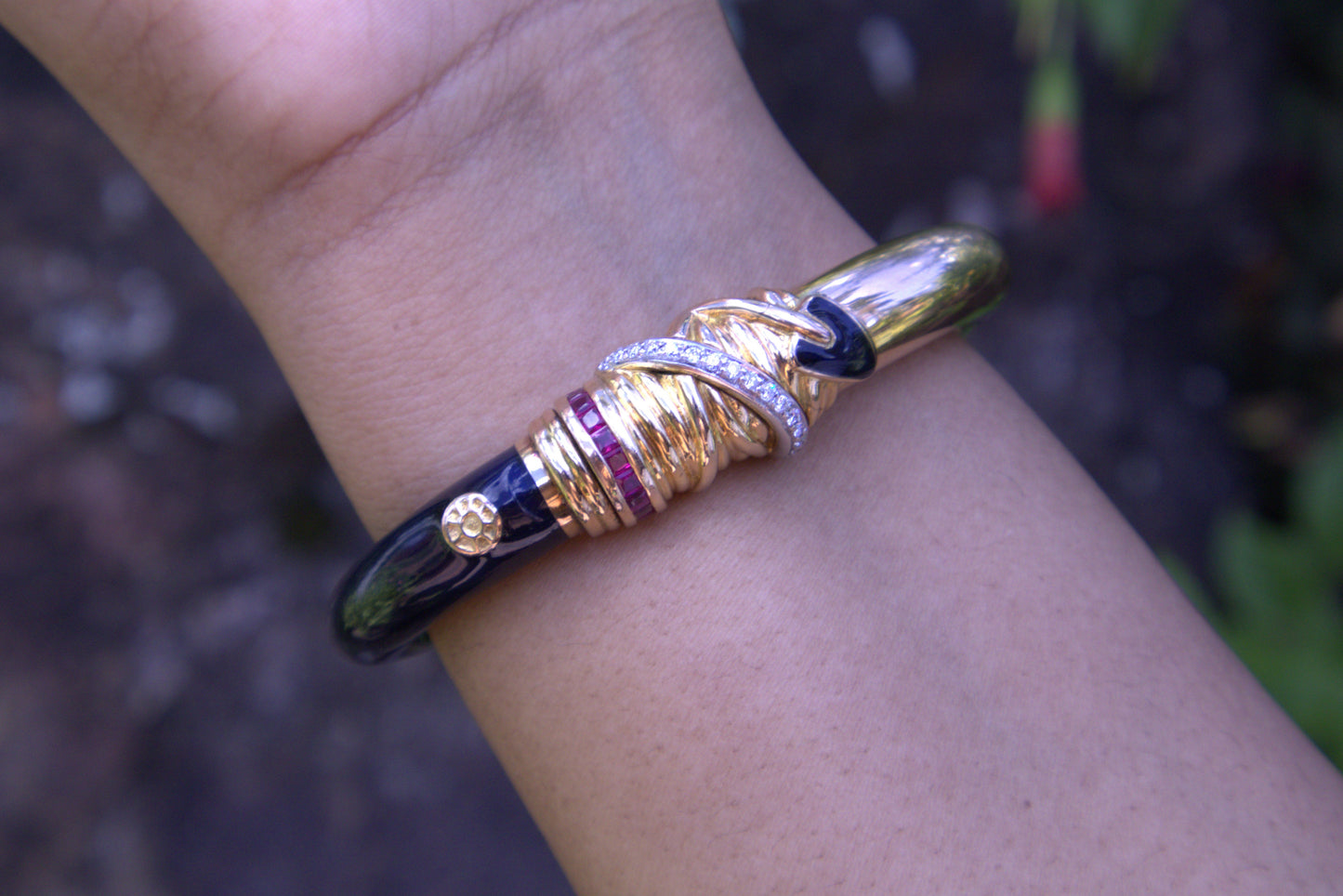 La Nouvelle Bauge Bangle with Rubies, Diamonds, and Blue Enamel