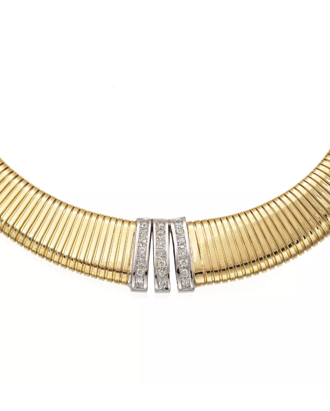 Vintage Italian Tubogas Necklace in 14 Carat Solid Gold featuring Diamonds