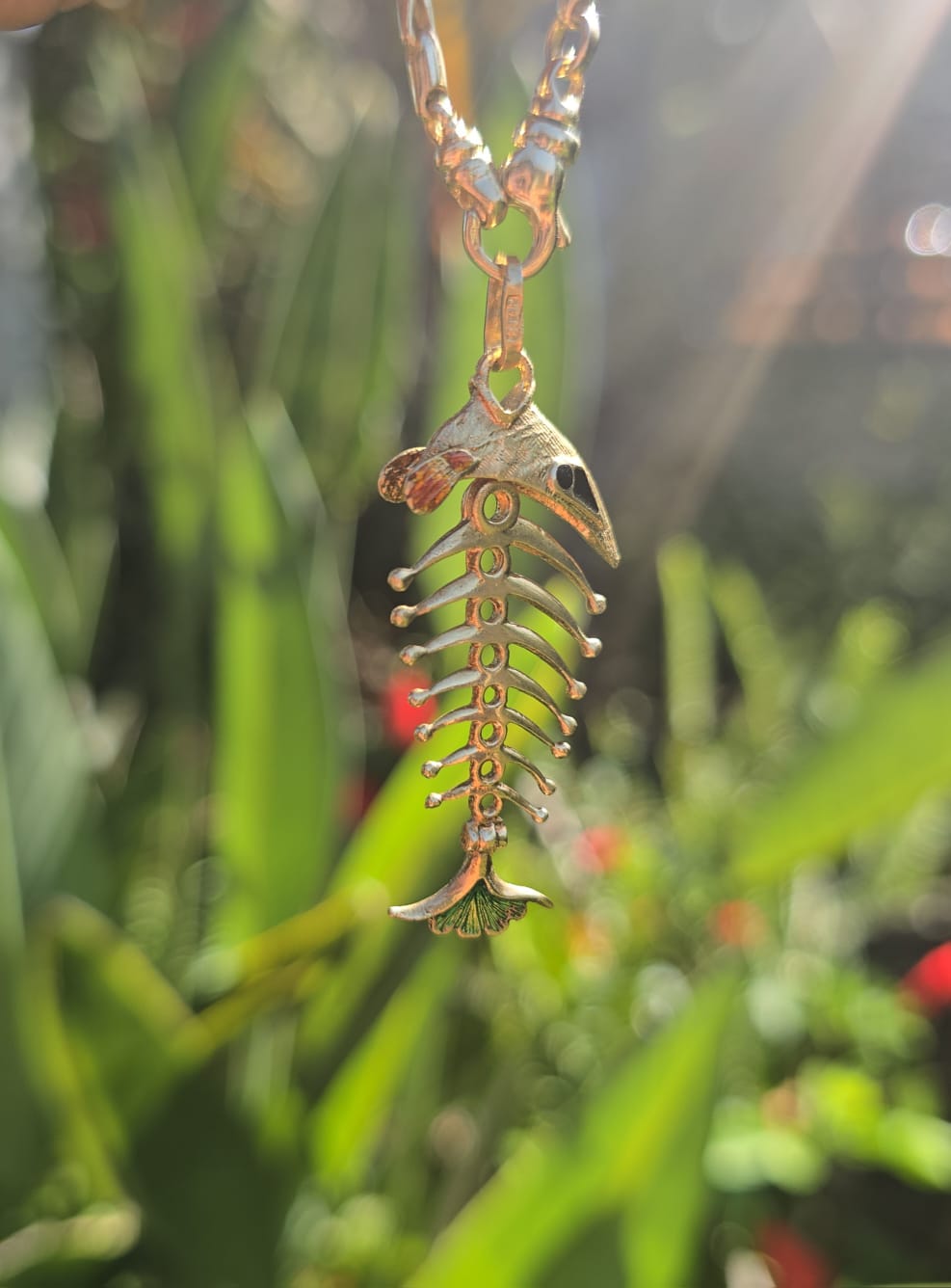 Articulated Fishbone Pendant with Enamel Details in 18k Gold