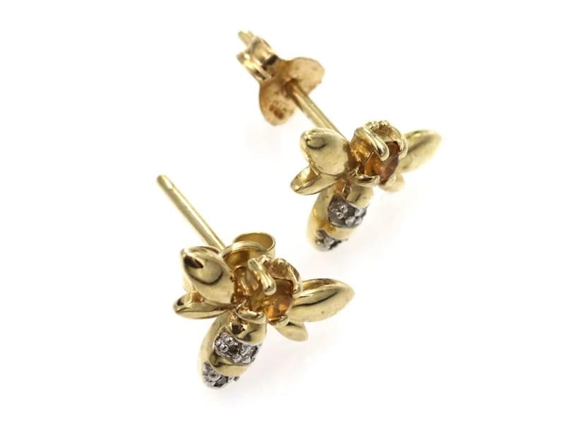 Citrine and Diamond Bee Stud Earrings in 9 Carat Solid Gold