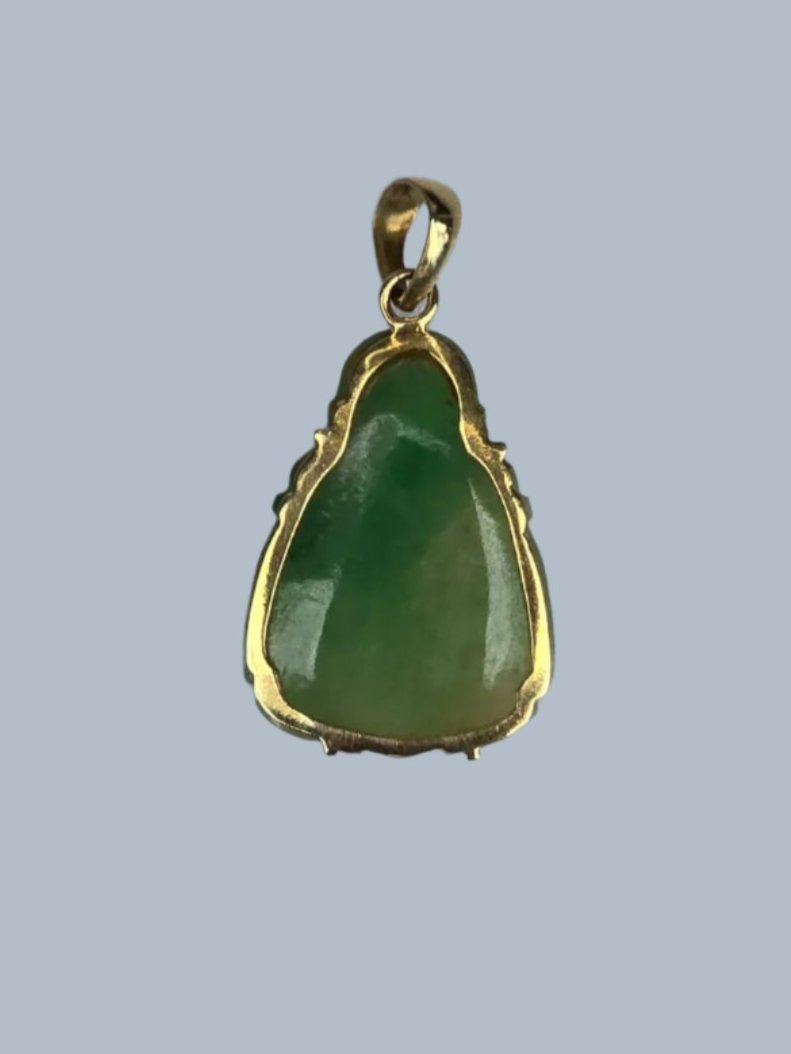 Carved Jade Laughing Buddha Pendant in 14 Carat Solid Gold