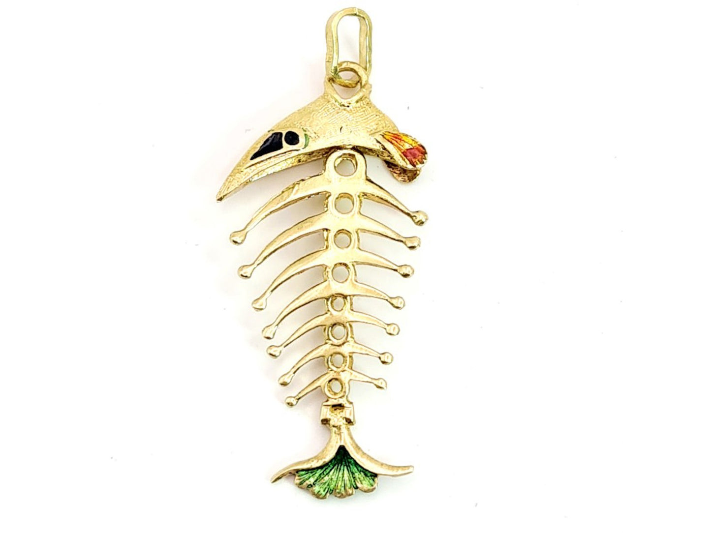 Articulated Fishbone Pendant with Enamel Details in 18k Gold