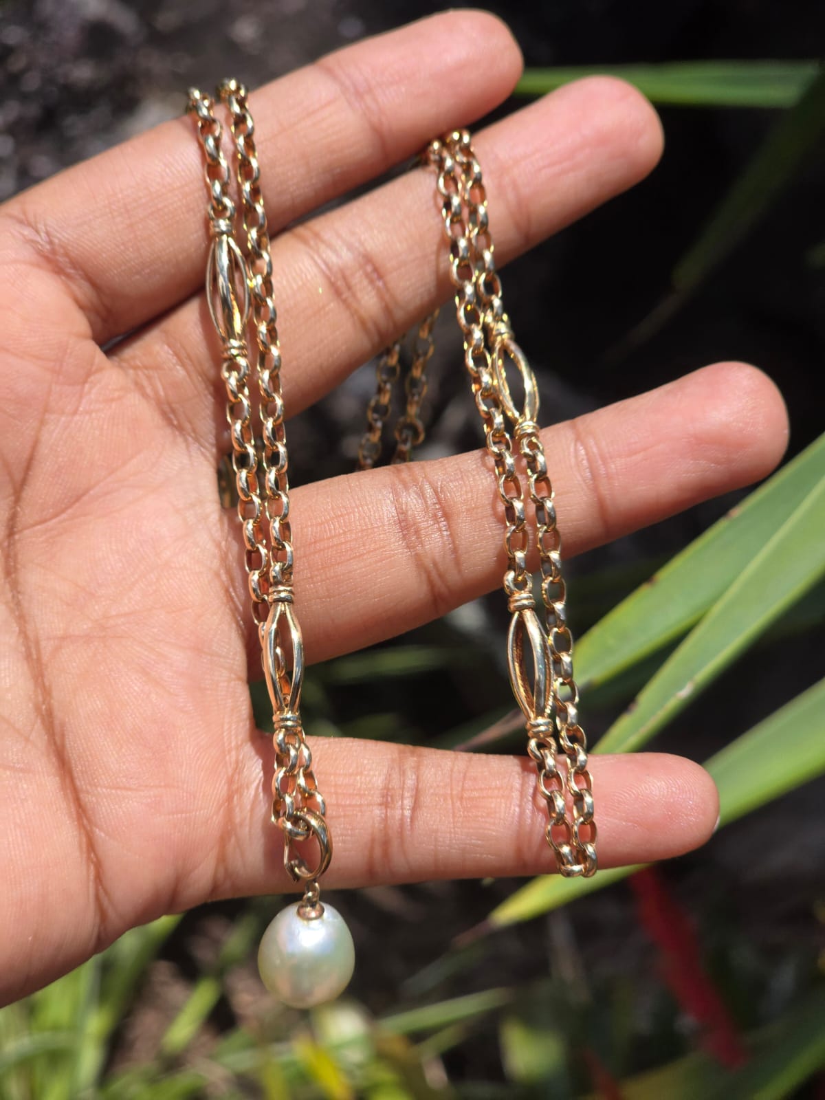 Vintage Fancy Belcher Link Necklace with Cultured Pearl Enhancer Pendant in 9 Carat Solid Gold