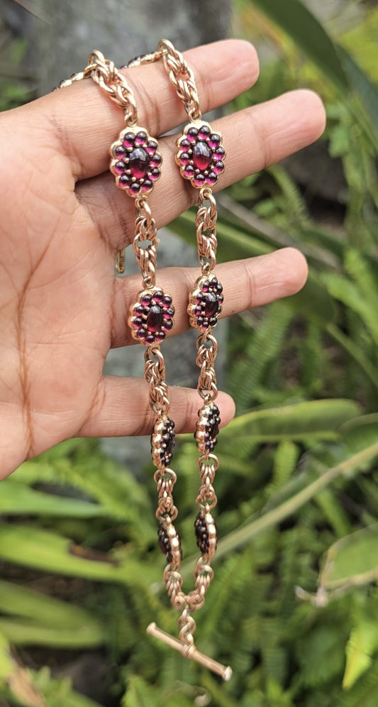 A Rare Edwardian Treasure: The Antique Garnet Cabochon and Diamond Fob Chain in 9 Carat Solid Gold