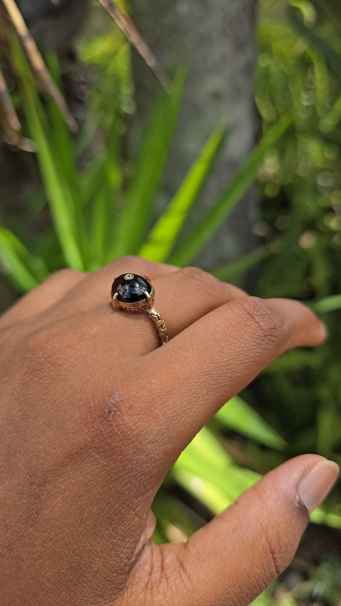 Antique 9 Carat Garnet Cabochon and Diamond Ring
