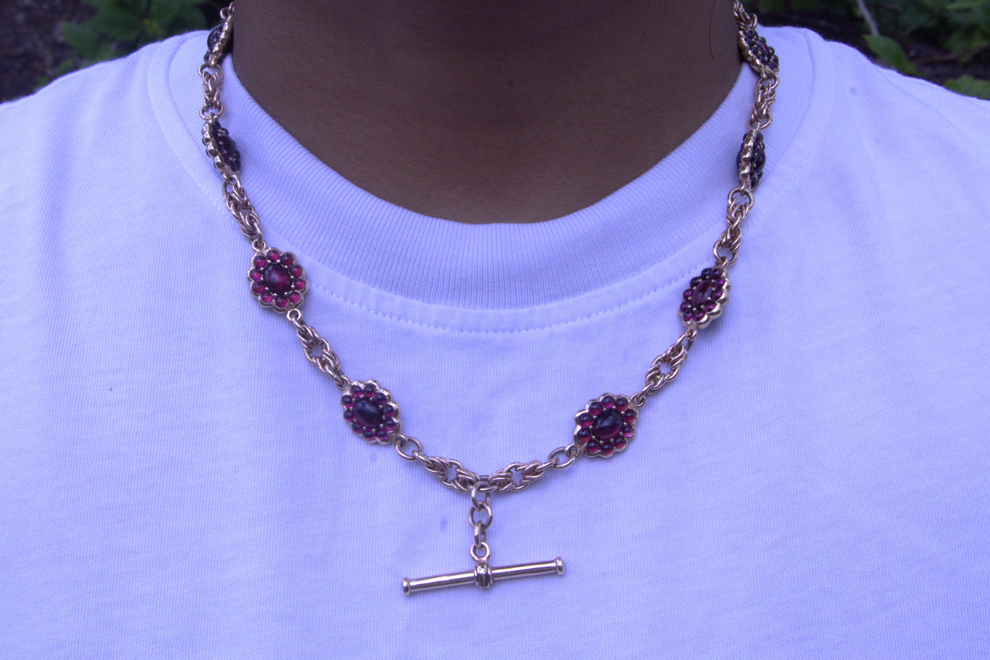 Antique Garnet Cabochon and Diamond Fob Chain in 9 Carat Solid Gold