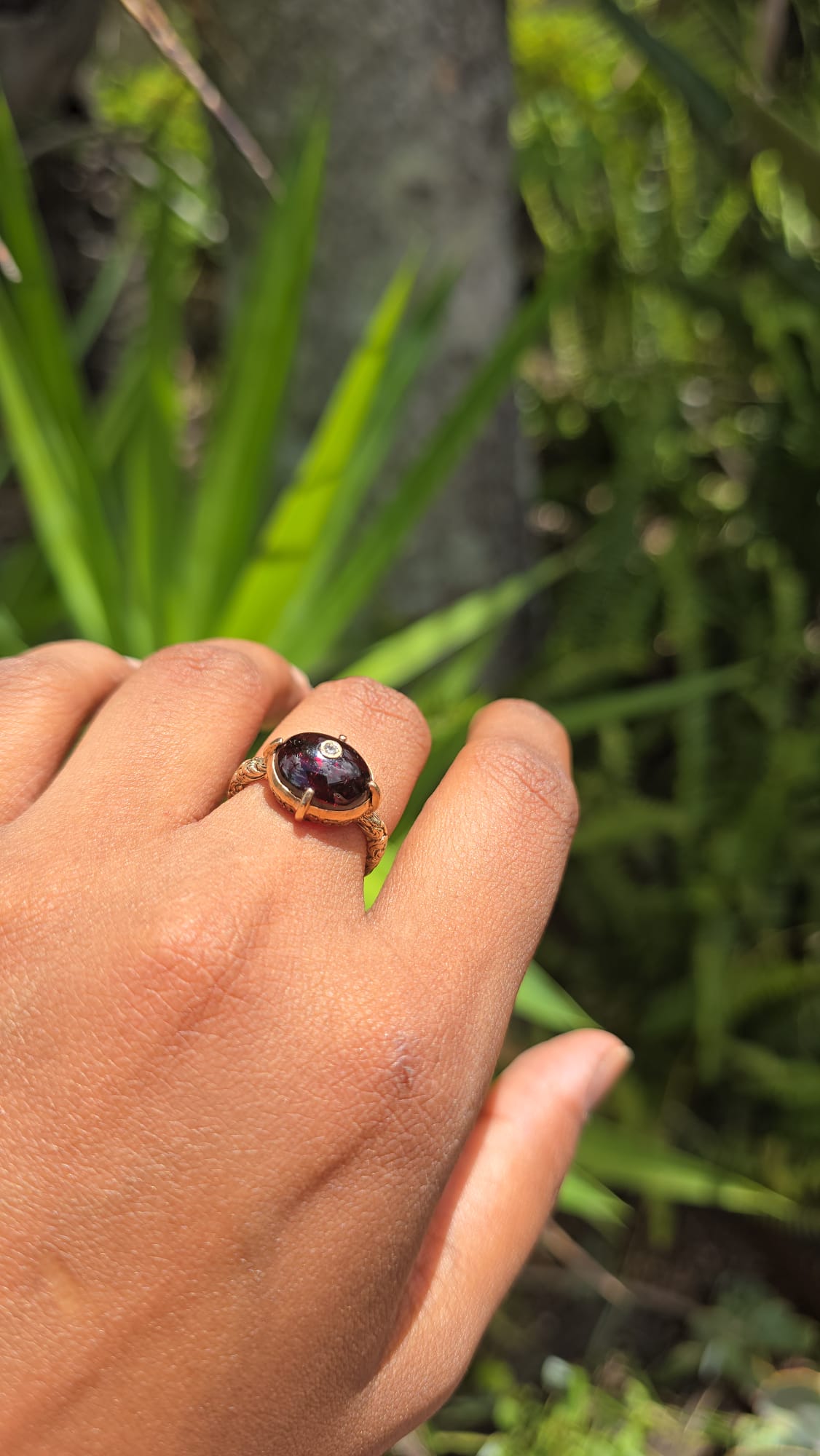 Antique 9 Carat Garnet Cabochon and Diamond Ring