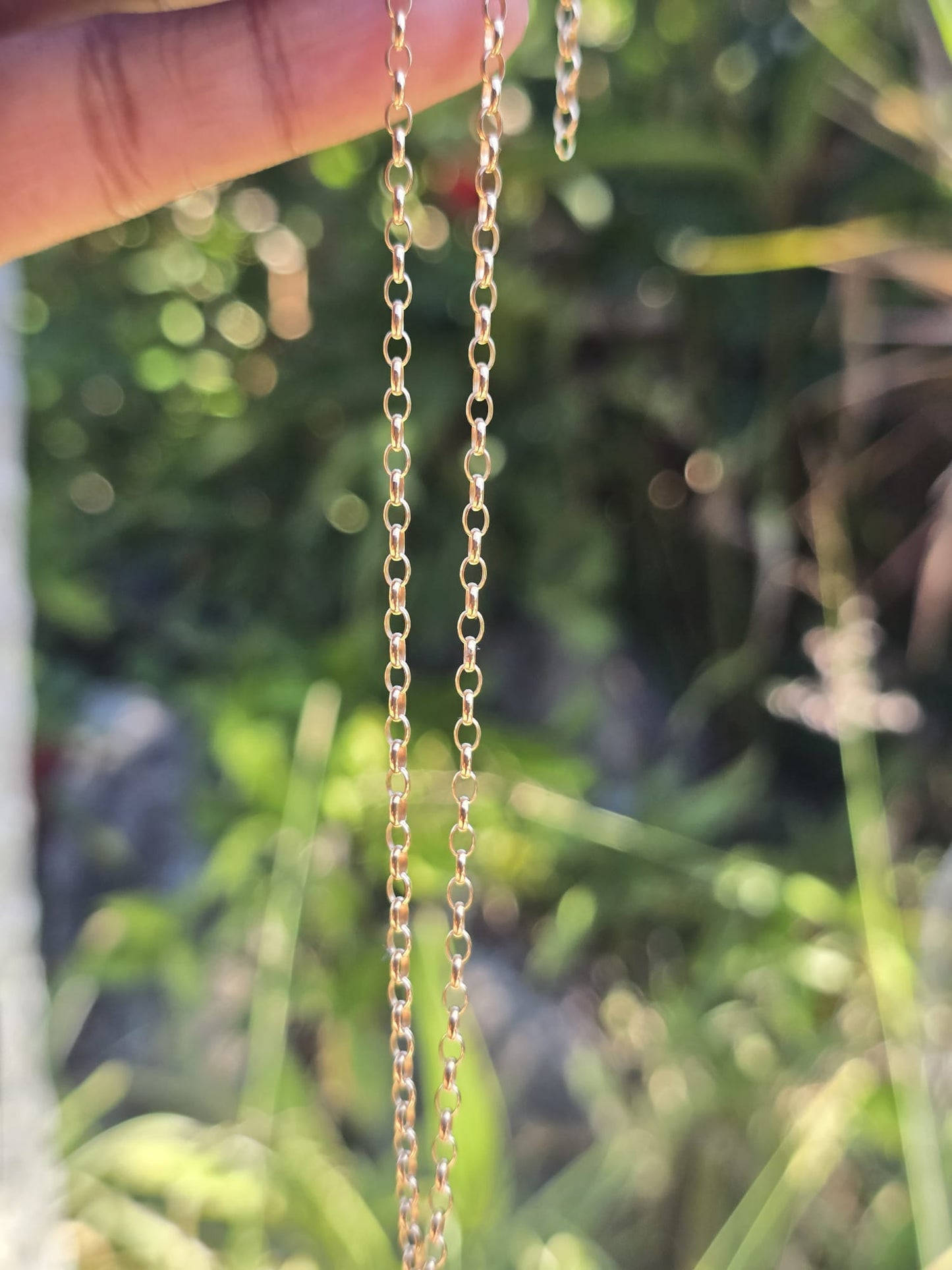 Gold chain held between fingers with a blurred natural background