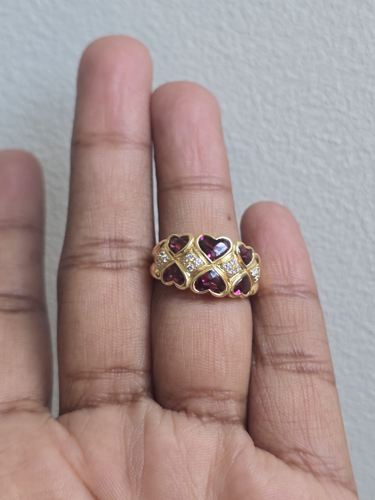 Vintage 18ct Gold Ponte Vecchio Garnet and Diamond Hearts Ring