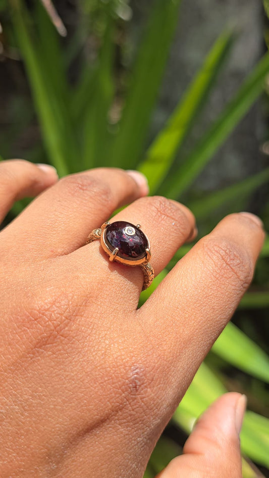 Antique 9 Carat Garnet Cabochon and Diamond Ring