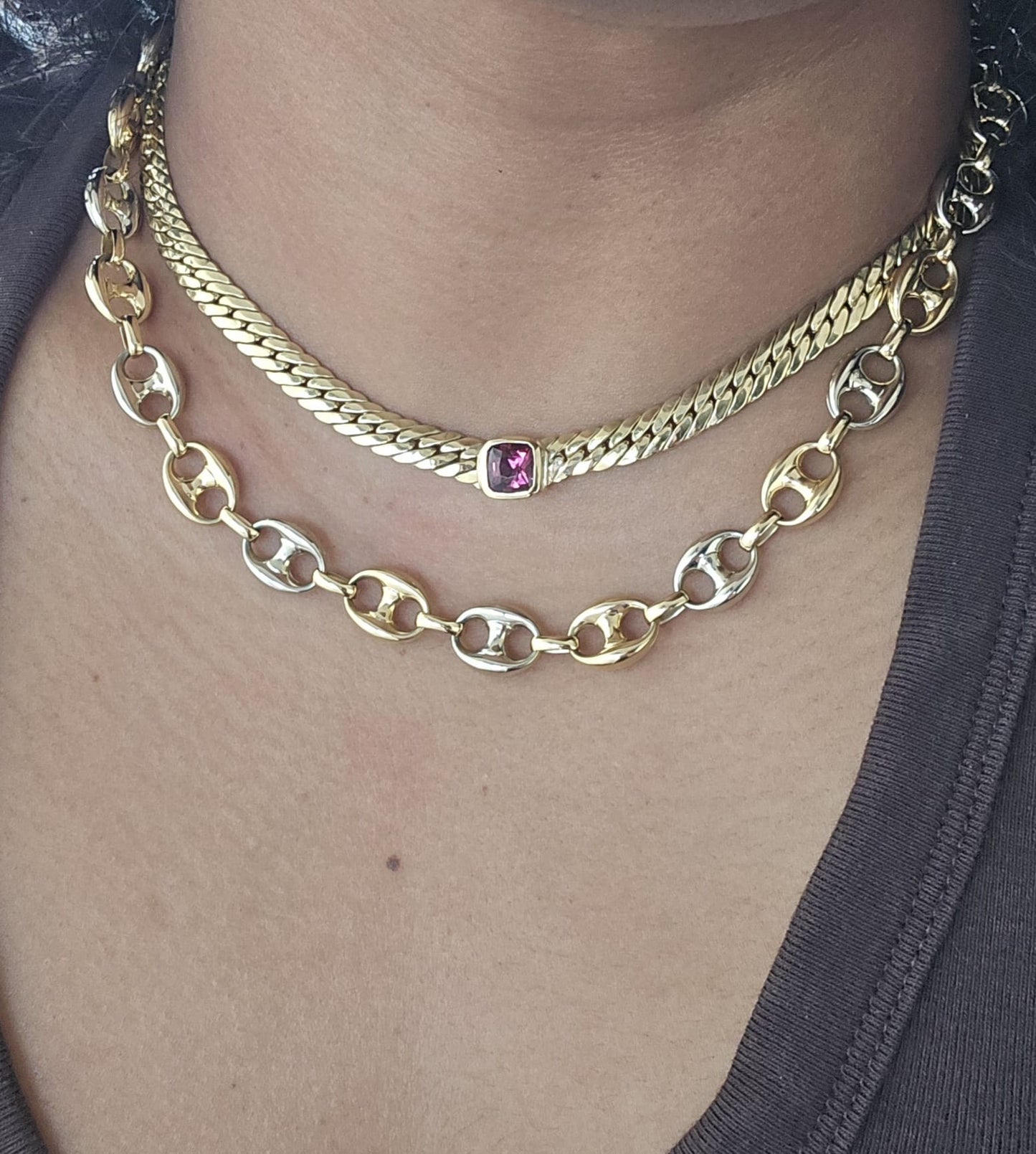 Italian 18ct Gold Tight Curb Chain with Rhodolite Garnet