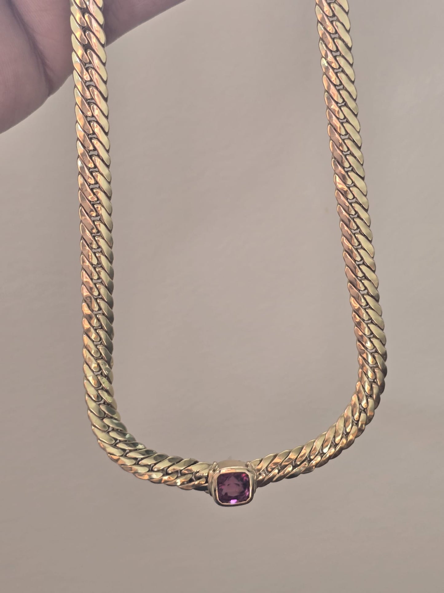 Italian 18ct Gold Tight Curb Chain with Rhodolite Garnet