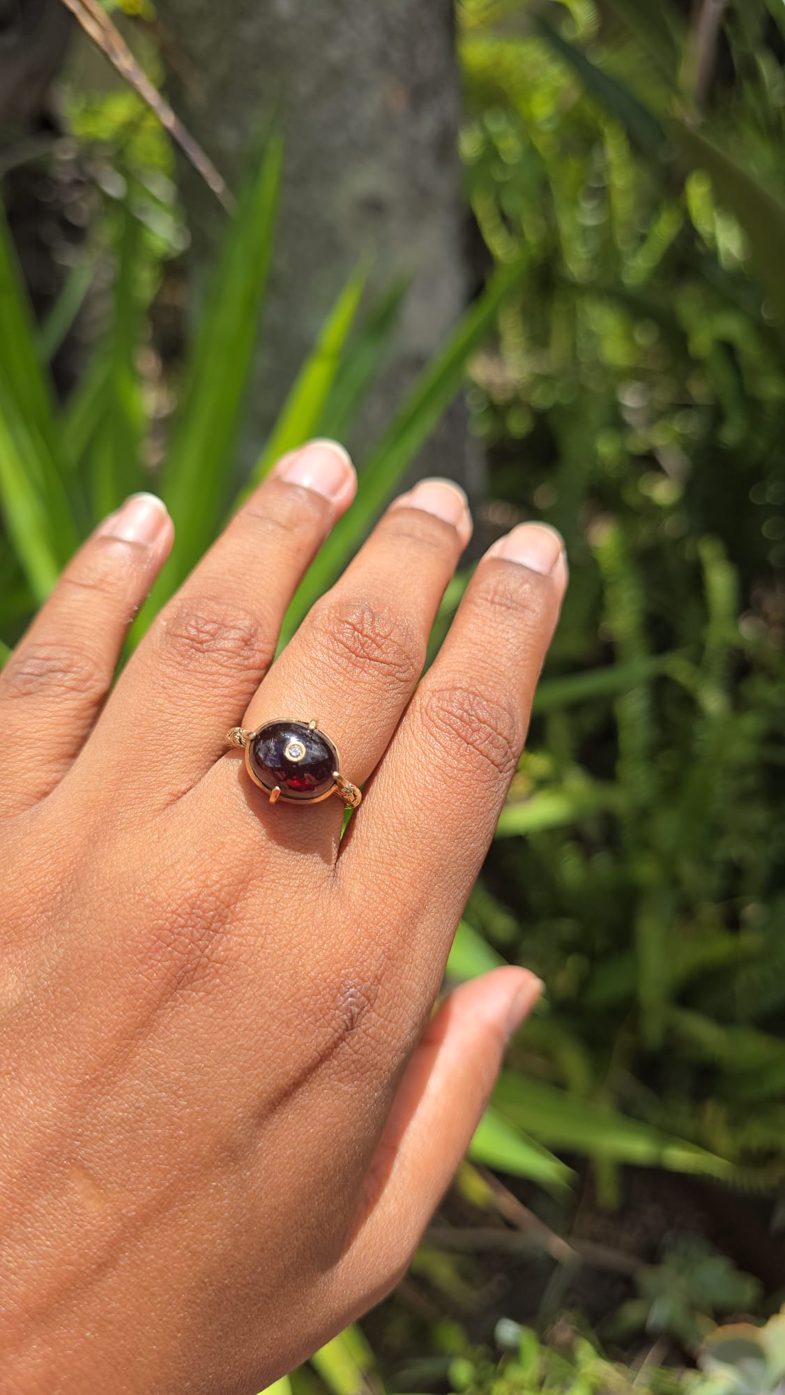 Antique 9 Carat Garnet Cabochon and Diamond Ring