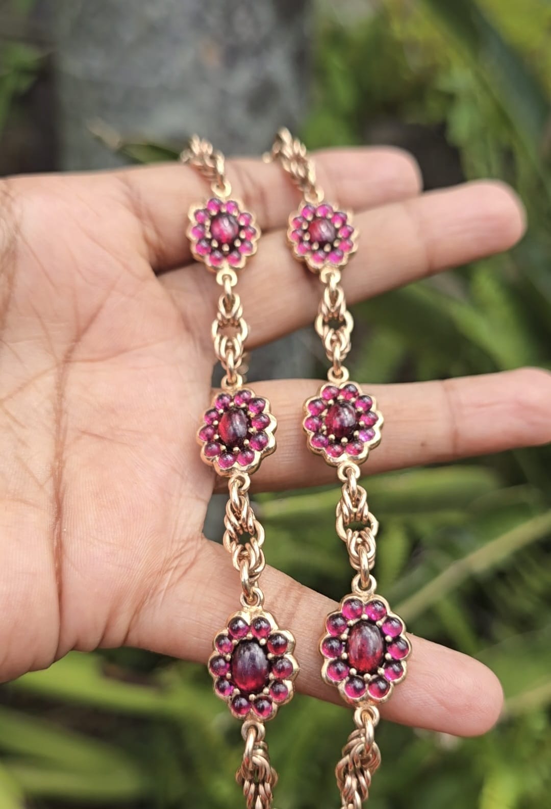 Antique Garnet Cabochon and Diamond Fob Chain in 9 Carat Solid Gold