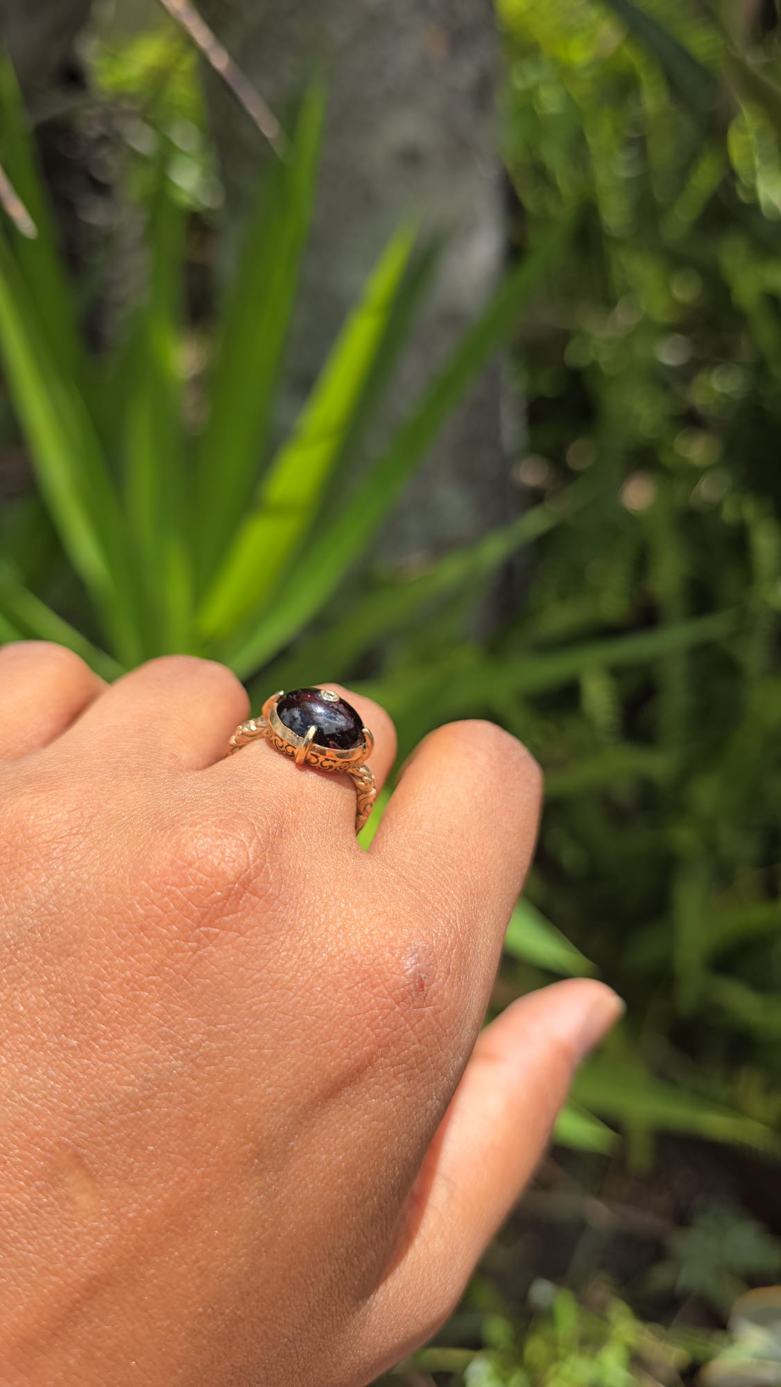 Antique 9 Carat Garnet Cabochon and Diamond Ring
