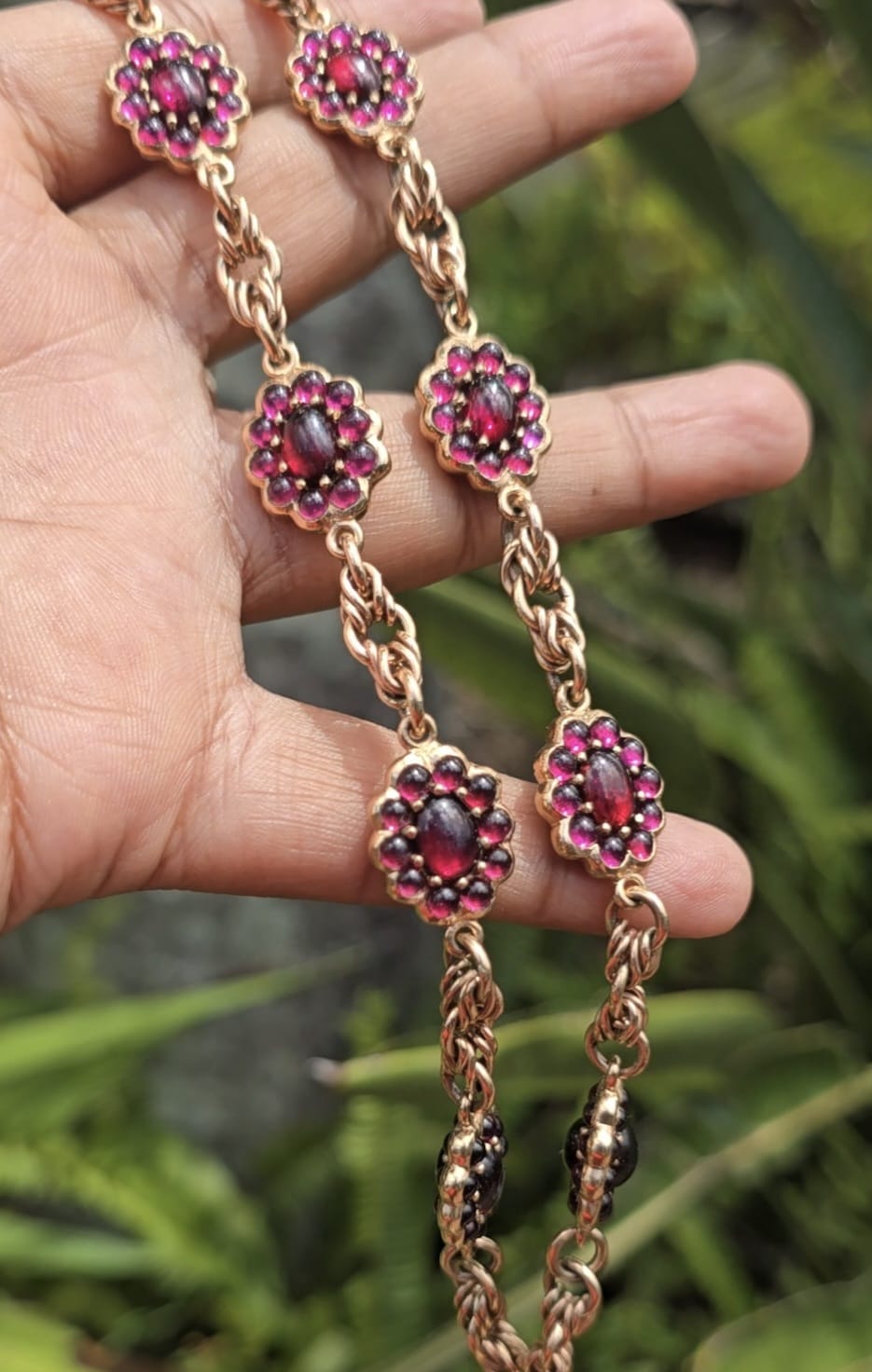 Antique Garnet Cabochon and Diamond Fob Chain in 9 Carat Solid Gold