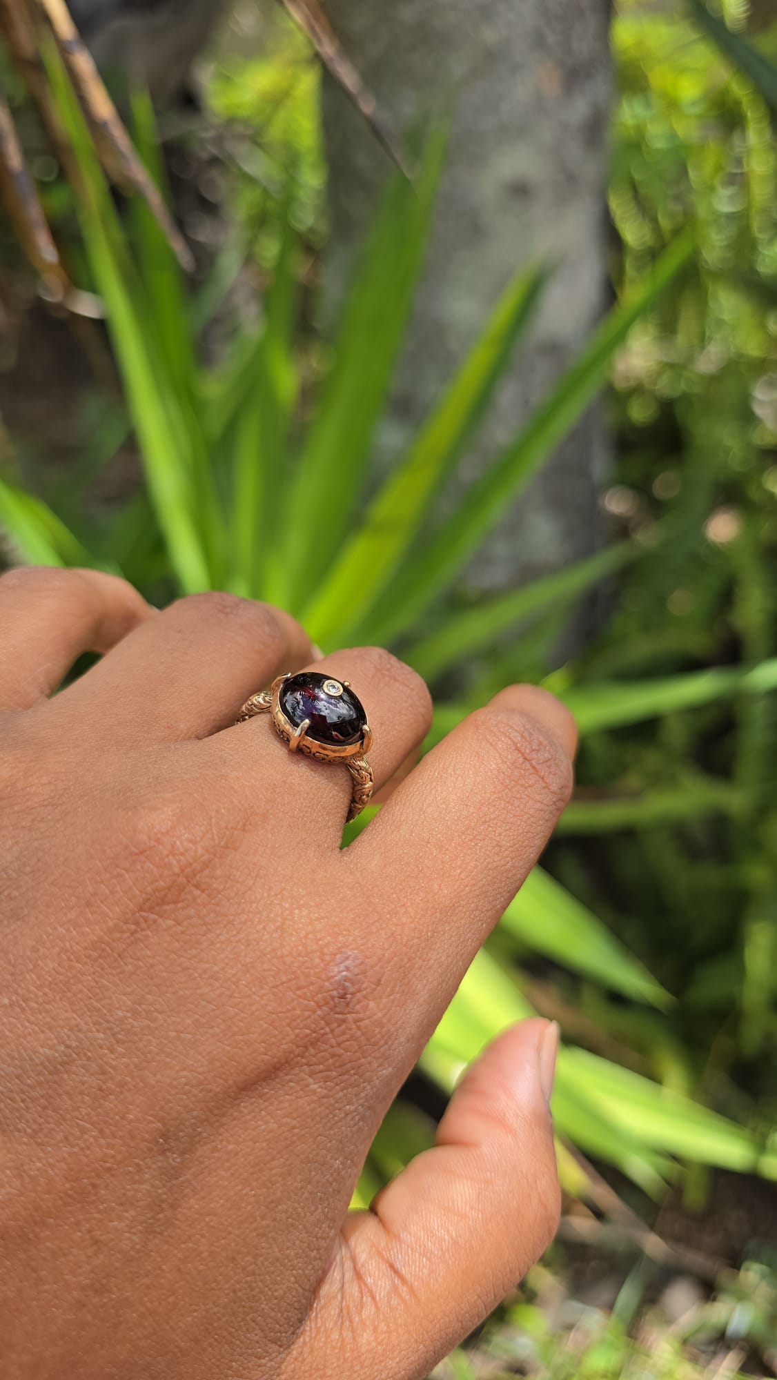 Antique 9 Carat Garnet Cabochon and Diamond Ring