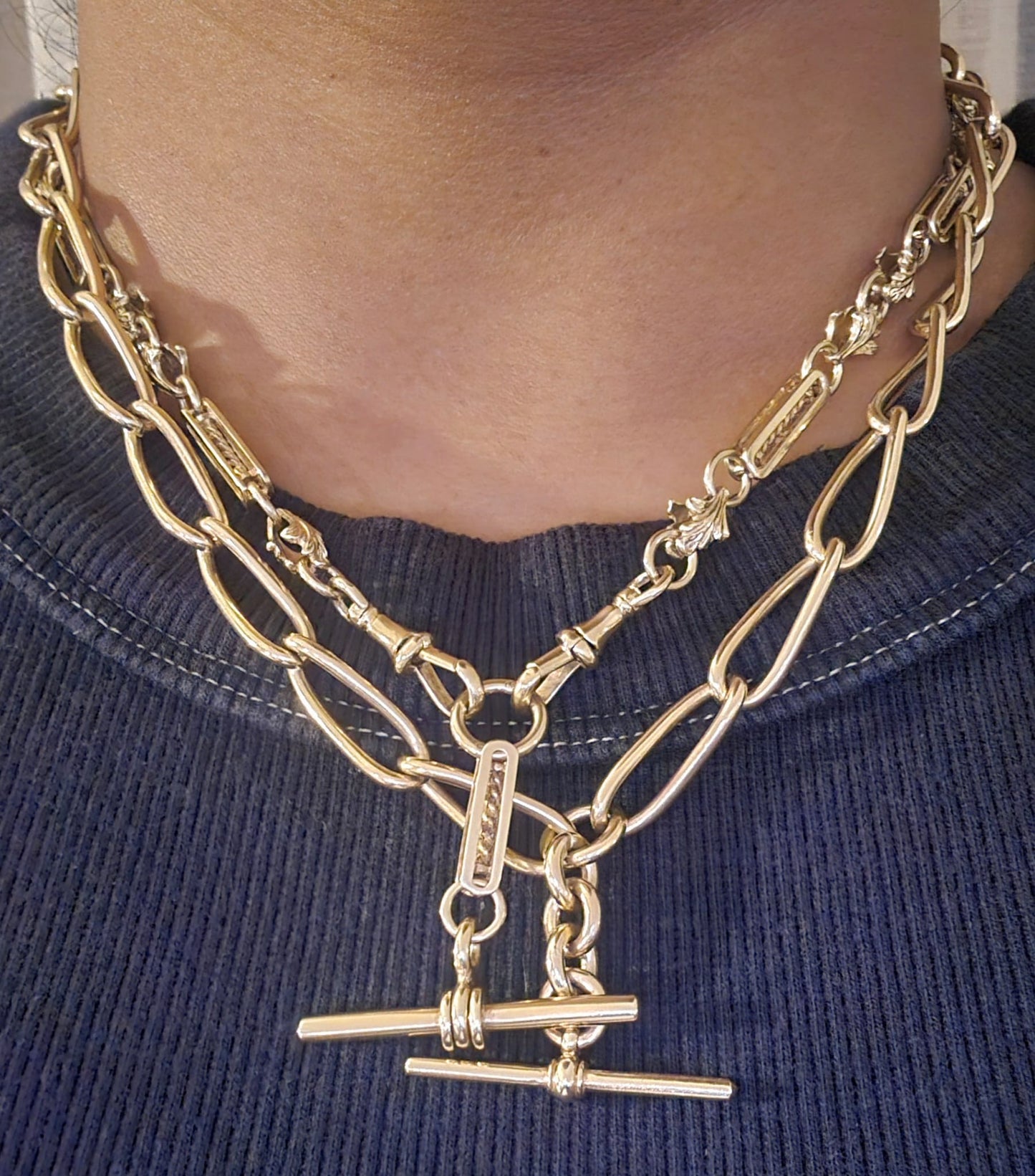 Vintage 9ct Gold Fancy Bar and Floral Link Albert Fob Chain