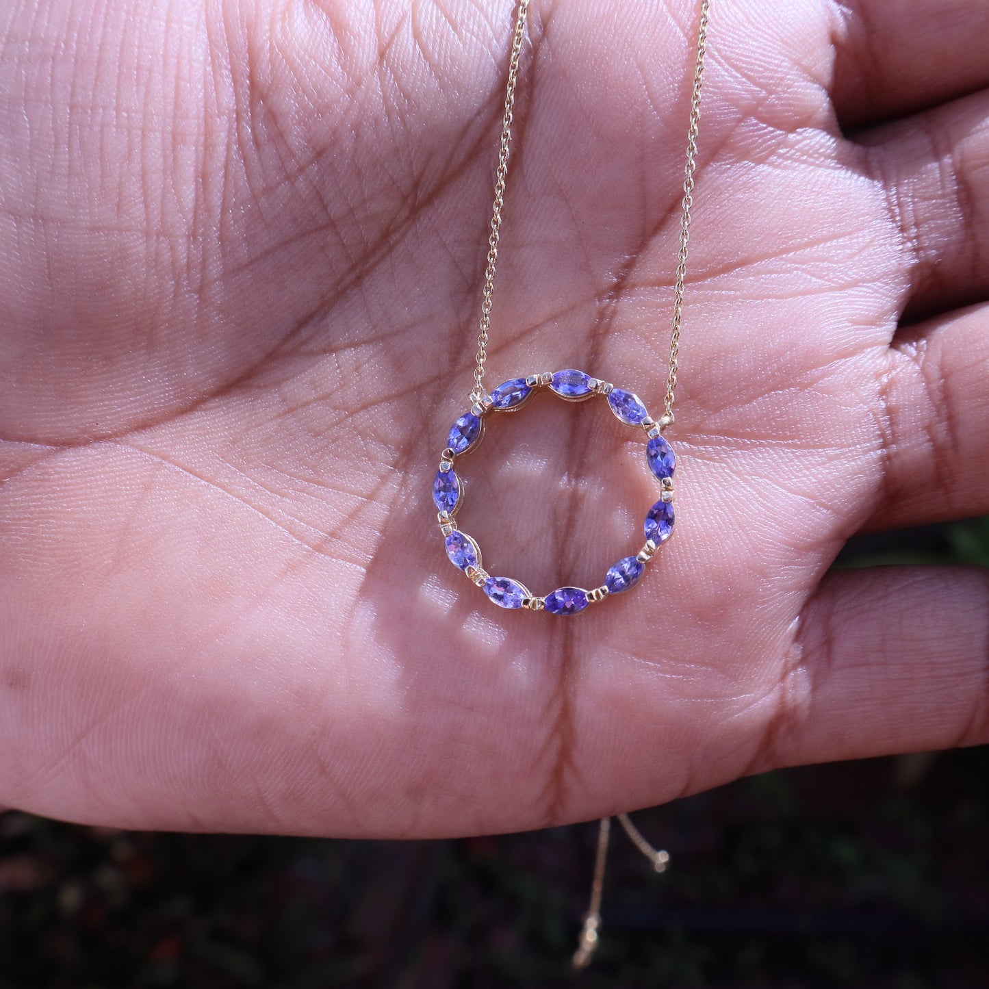 Minimalist Tanzanite Circle Necklace in 14 Carat Solid Gold