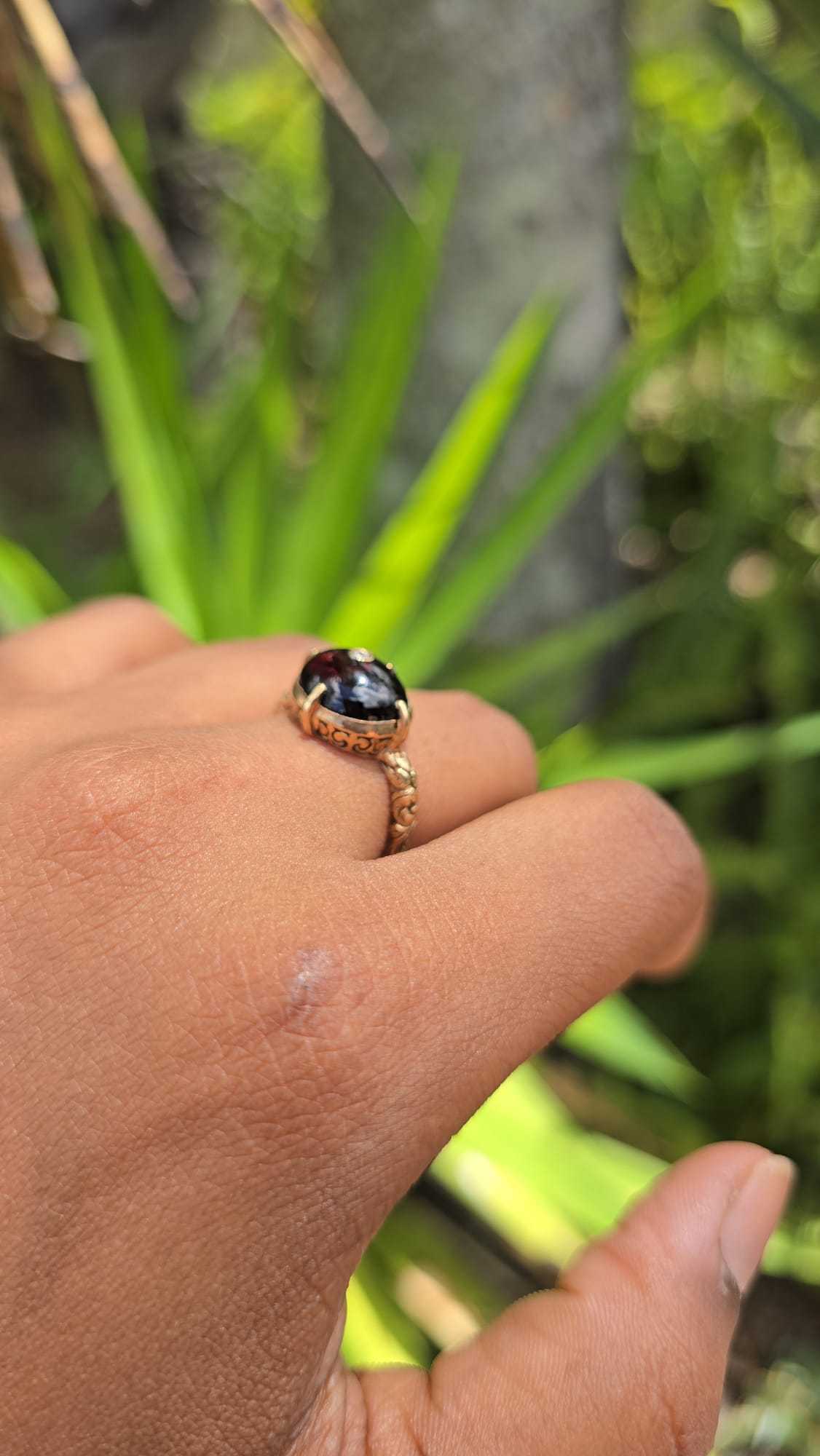 Antique 9 Carat Garnet Cabochon and Diamond Ring