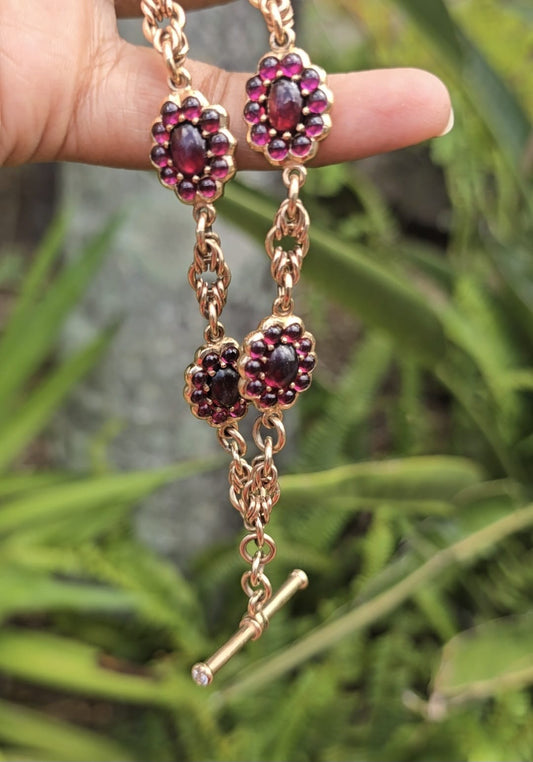 Antique Garnet Cabochon and Diamond Fob Chain in 9 Carat Solid Gold